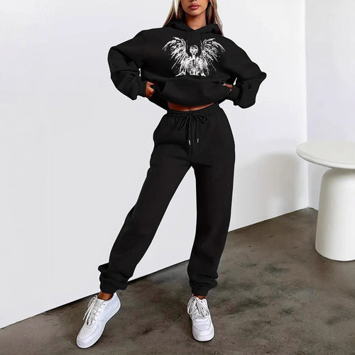 Damen nan zweiteiliges Lounge-Set Kapuzenpullover Cropped und High-Waist Jogginghose mit Engelsmotiv und elastischem Bund Shop Nory