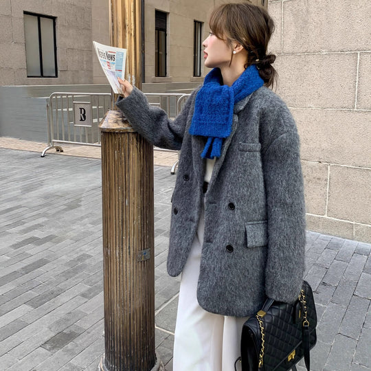 Damen Grobgestrickter Wollmix-Longmantel mit Oversize‑Silhouette und doppelreihiger Knopfleiste Shop Nory