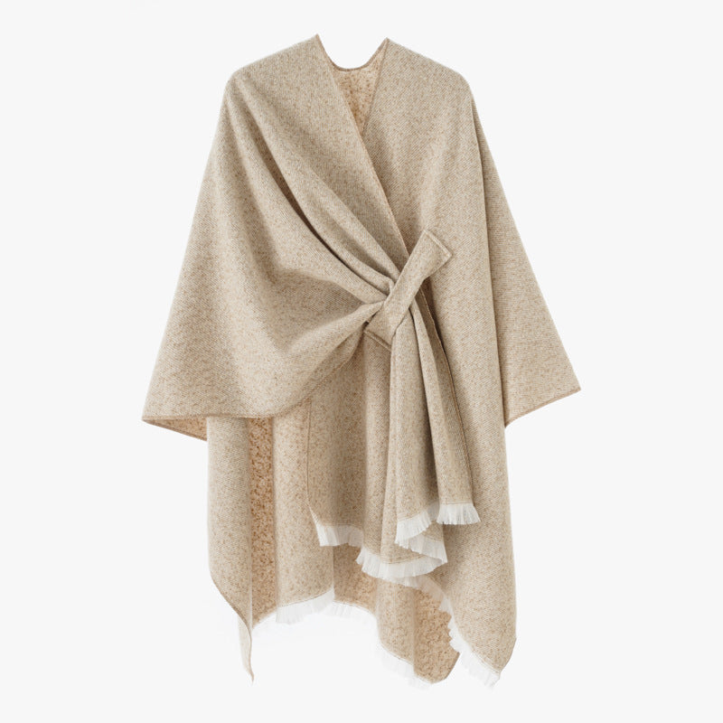 Damen Wollmix-Umhang mit Bindeschlaufe und Fransensaum Shop Nory