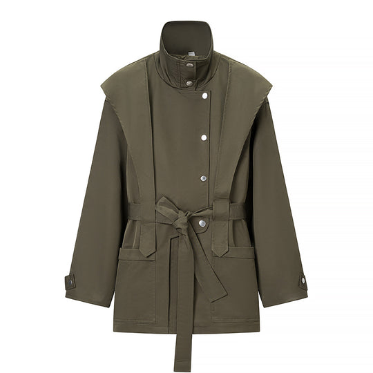 Damen Taillierte Übergangsjacke mit Stehkragen, Schultercape und Bindegürtel Shop Nory
