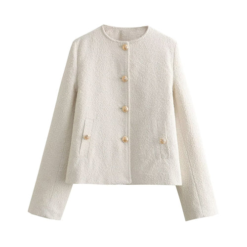 Damen Boxy-Boucléjacke mit Rundhalsausschnitt, Zierknopfleiste und Pattentaschen Shop Nory