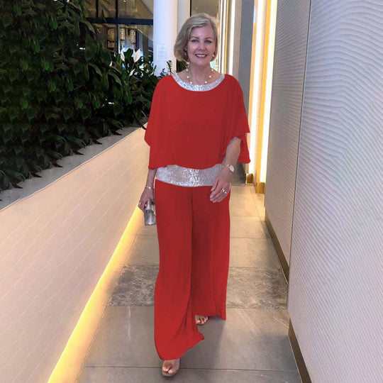 Damen Eleganter Jumpsuit mit schimmerndem Oberteil und weitem Bein