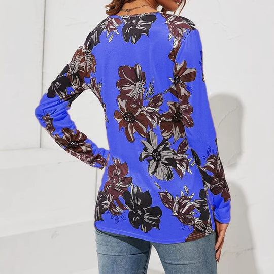 Damen Langarmshirt mit Reißverschluss V-Ausschnitt und großem Blumenmuster Shop Nory