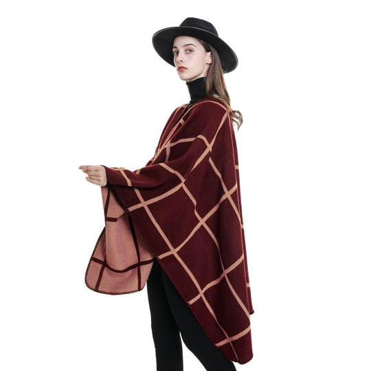 Damen Offener Wollmix-Poncho im Cape‑Stil mit dezentem Karomuster Shop Nory