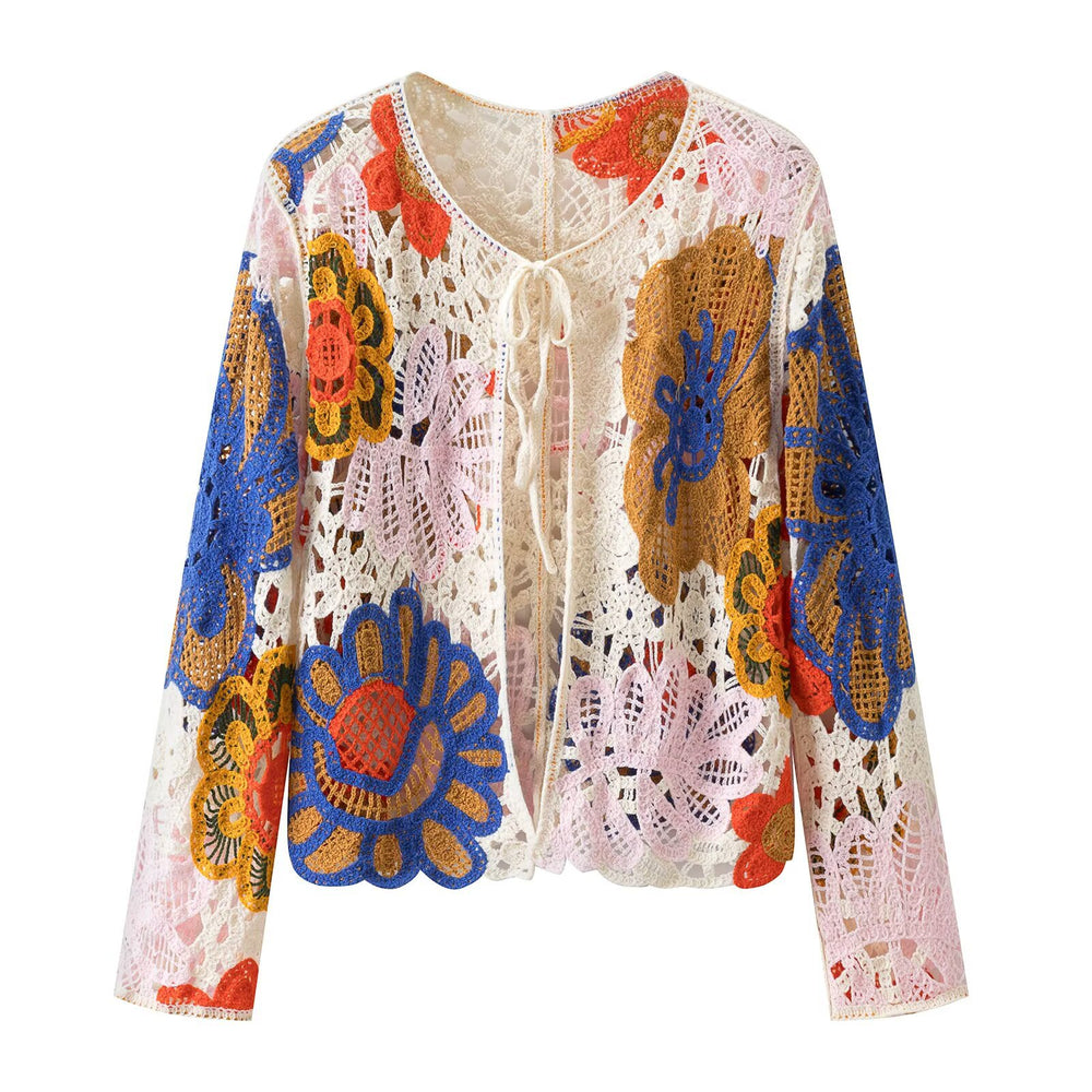 Damen Häkel-Cardigan mit floralen Applikationen und Bindeband Shop Nory