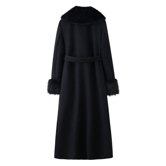Damen Eleganter Wollmantel mit großem Kunstfellkragen und Bindegürtel Shop Nory