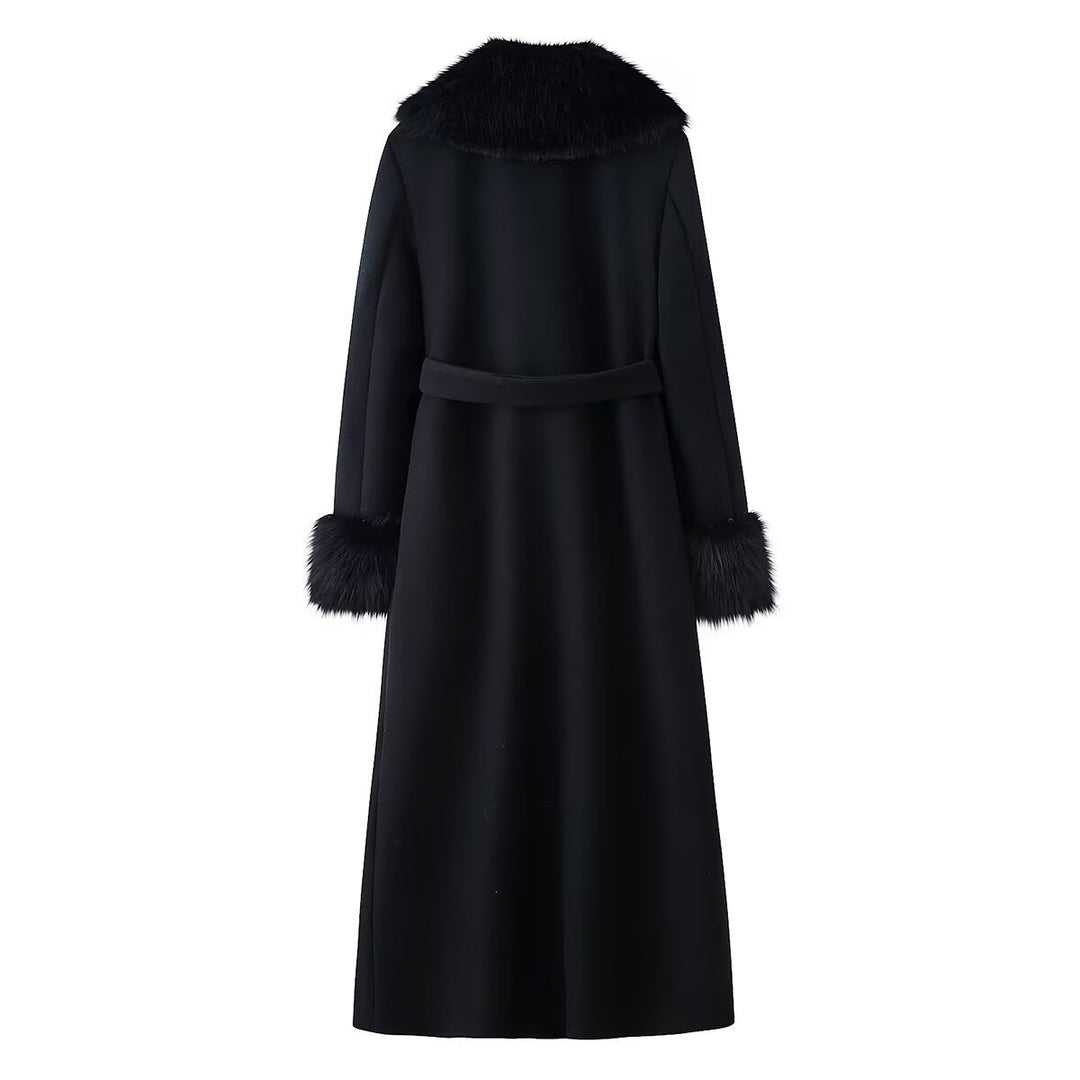 Damen Langer eleganter Wollmix-Mantel mit breitem Kunstfellkragen, Bindegürtel und Fellmanschetten Shop Nory