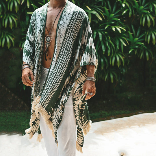 Herren nan leichter Strandponcho im Kimono-Stil mit Fransen