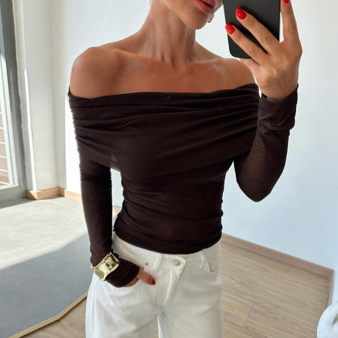 Damen nan schulterfreies Feinstrick-Longsleeve mit gerafftem Umschlagkragen und taillierter Passform Shop Nory