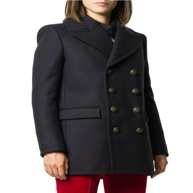 Damen kurztaillierter Zweireihiger Wollmix-Peacoat mit maritimen Details Shop Nory