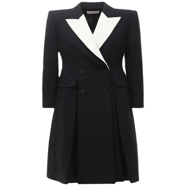 Damen tailliertes Blazerkleid‑Mantel mit kontrastierendem Schalkragen und ausgestelltem Rockteil Shop Nory