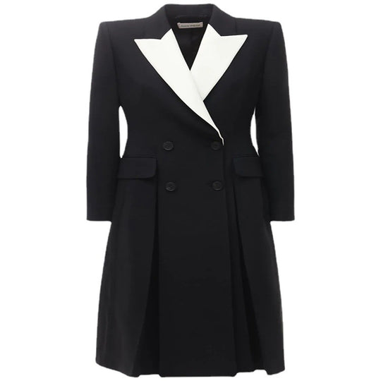 Damen tailliertes Blazerkleid‑Mantel mit kontrastierendem Schalkragen und ausgestelltem Rockteil Shop Nory