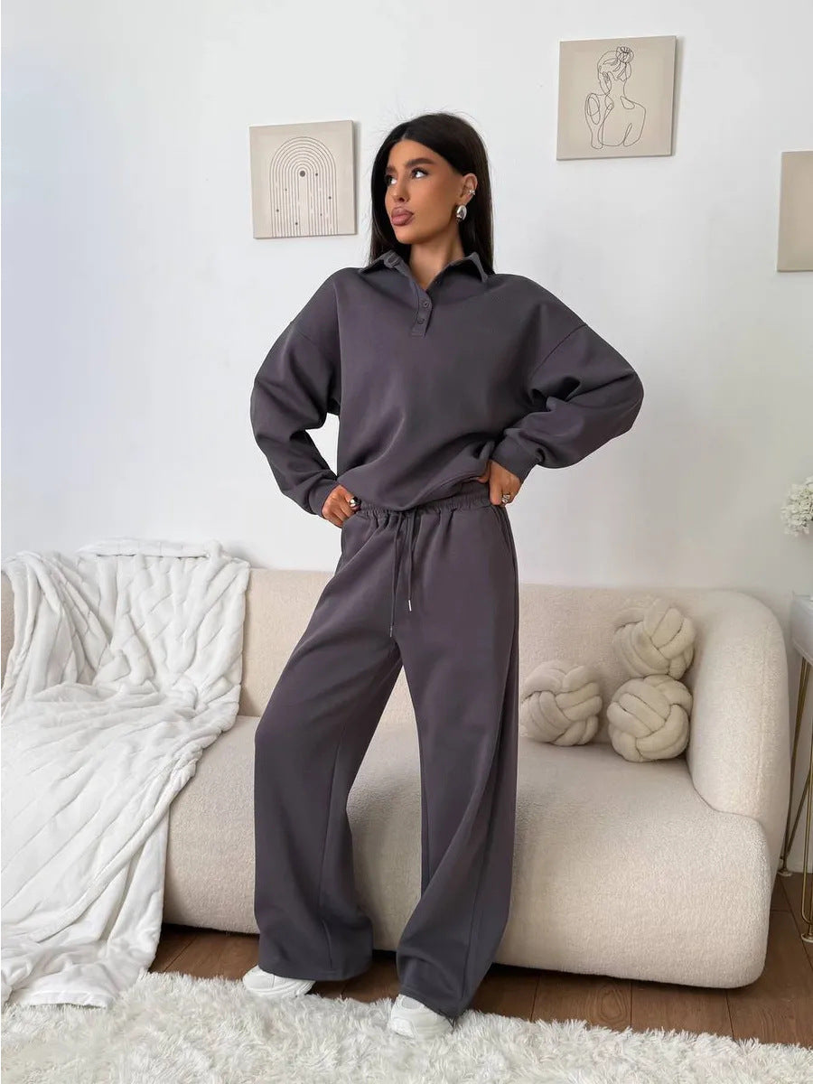 Damen weites Polo-Lounge-Set mit elastischem Tunnelzugbund und Wide‑Leg-Jogginghose Shop Nory