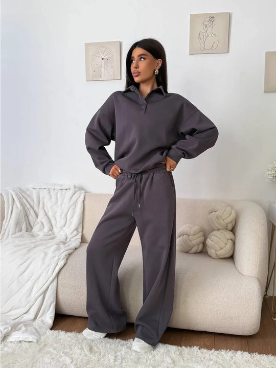 Damen weites Polo-Lounge-Set mit elastischem Tunnelzugbund und Wide‑Leg-Jogginghose Shop Nory