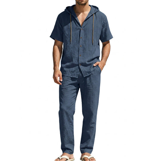 Herren nan luftiges Leinen-Lounge-Set mit kurzärmeligem Kapuzenhemd und gerader Relaxhose