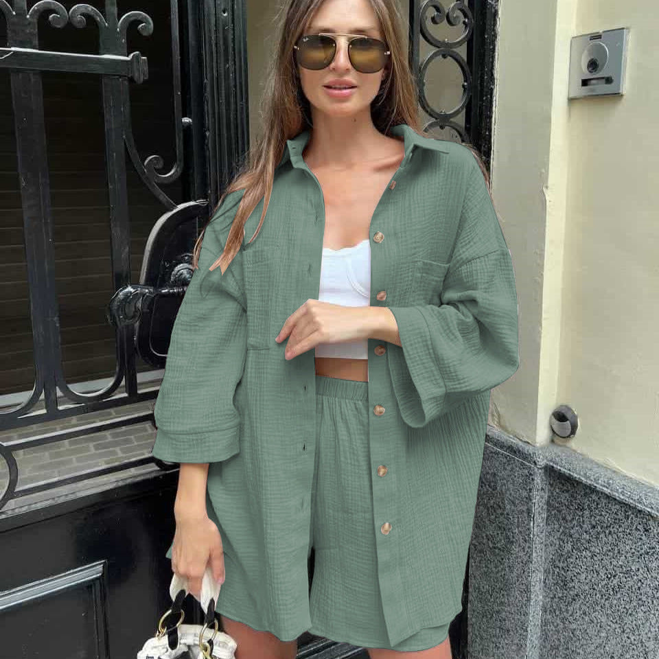 Damen Lässiges Kurzarm Set aus Hemd und Shorts mit Knopfleiste Shopnory