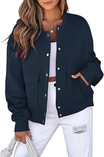 Damen Oversized Bomberjacke aus French Terry mit Druckknopf und aufgesetzten Taschen Shop Nory