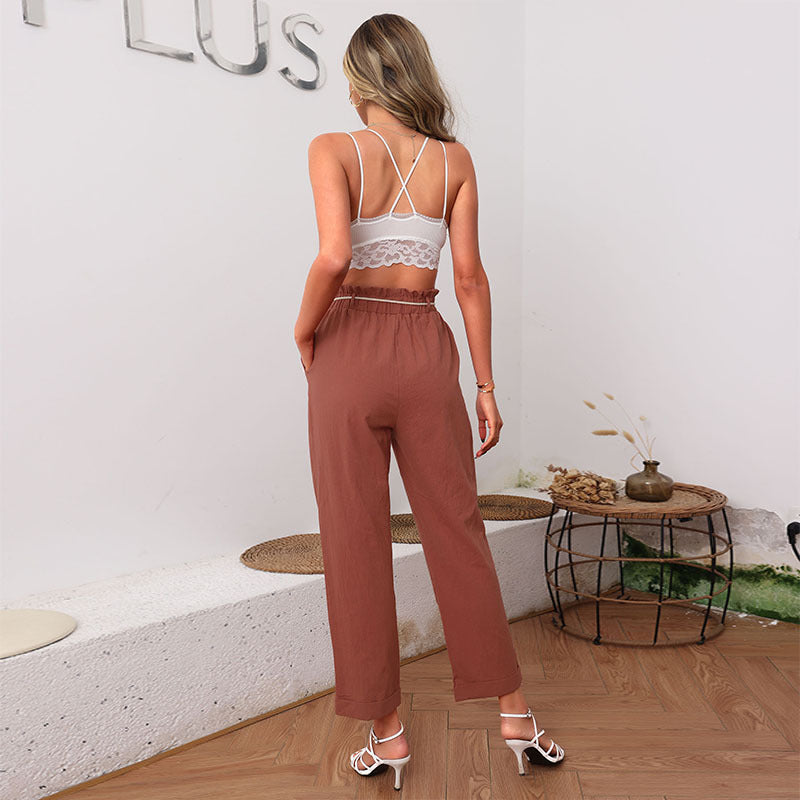 Damen Leichte Leinenhose mit Gummibund, Kordelzug und umgeschlagenem Saum Shop Nory