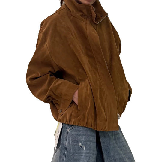 Damen Oversize Veloursleder-Blouson mit hohem Stehkragen und Metallreißverschluss Shop Nory