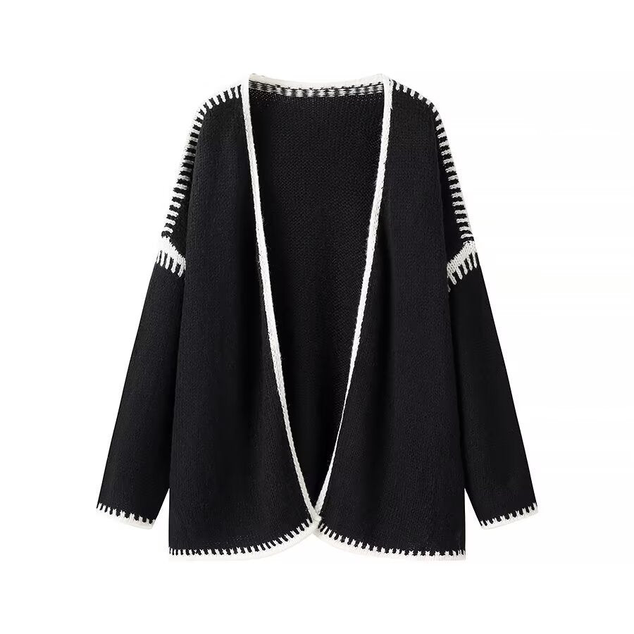Damen Oversize-Strickjacke mit kontrastierender Häkelkante und überschnittener Schulter Shop Nory