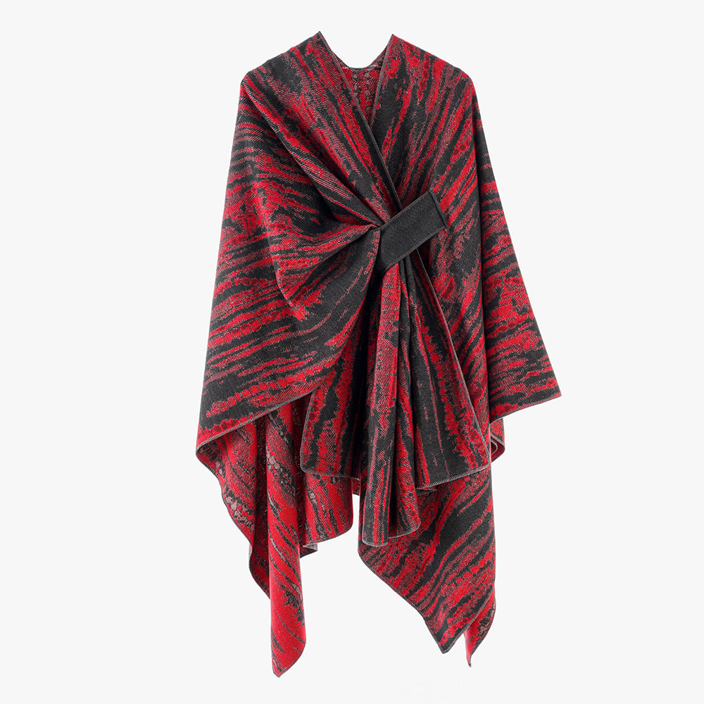 Damen Jacquard-Capeponcho mit dekorativem Bindegürtel und asymmetrischem Saum Shop Nory