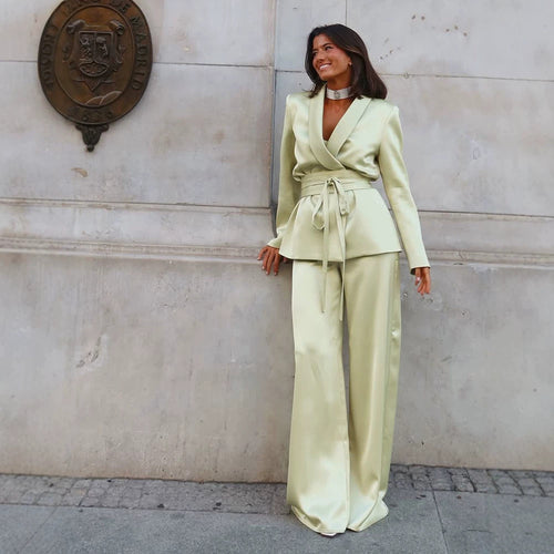 Damen Satin-Zweiteiler mit tailliertem Wickelblazer und weiter Palazzo-Hose Shop Nory