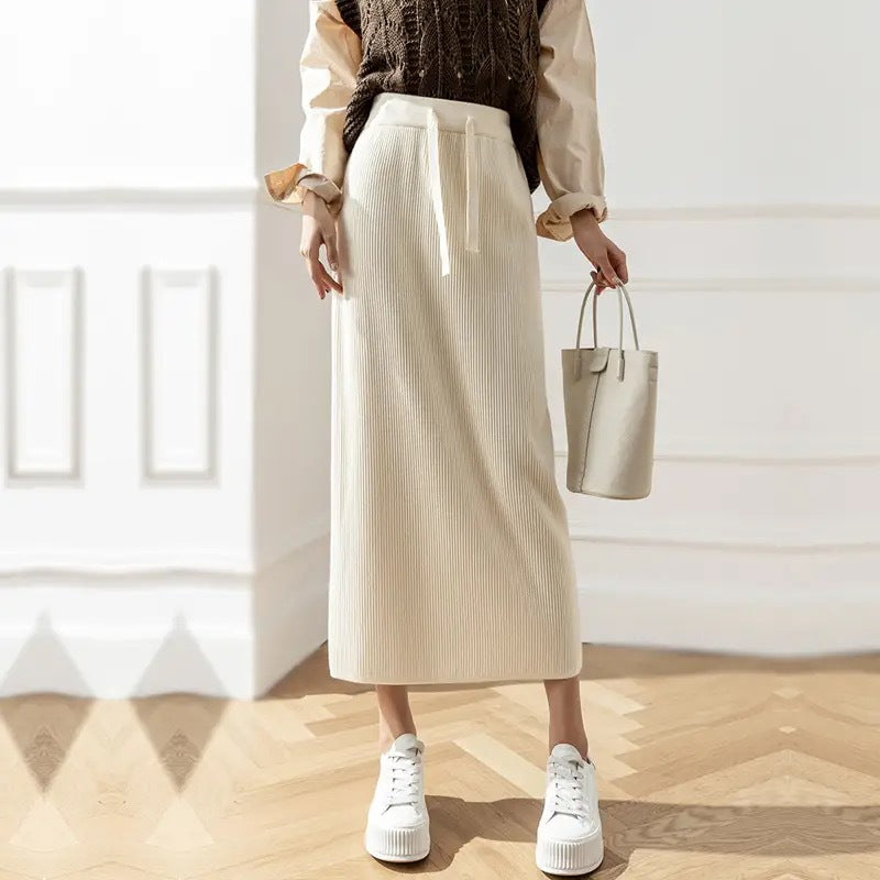 Damen Eleganter Rippstrick-Midirock mit Bindegürtel Shop Nory