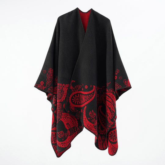 Damen Feines Woll-Cape im Überwurfstil mit kontrastierender Border-Jacquard Shop Nory