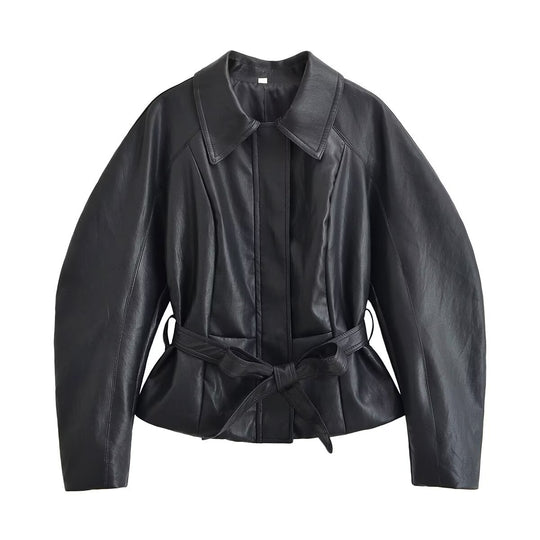 Damen Taillierte Lederoptik‑Jacke mit Bindegürtel und Raglanärmeln Shop Nory