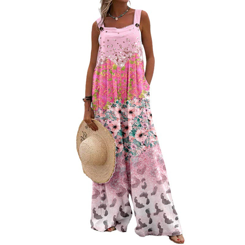 Damen Weit geschnittene Latzhose mit floralem Muster und praktischen Taschen Shopnory
