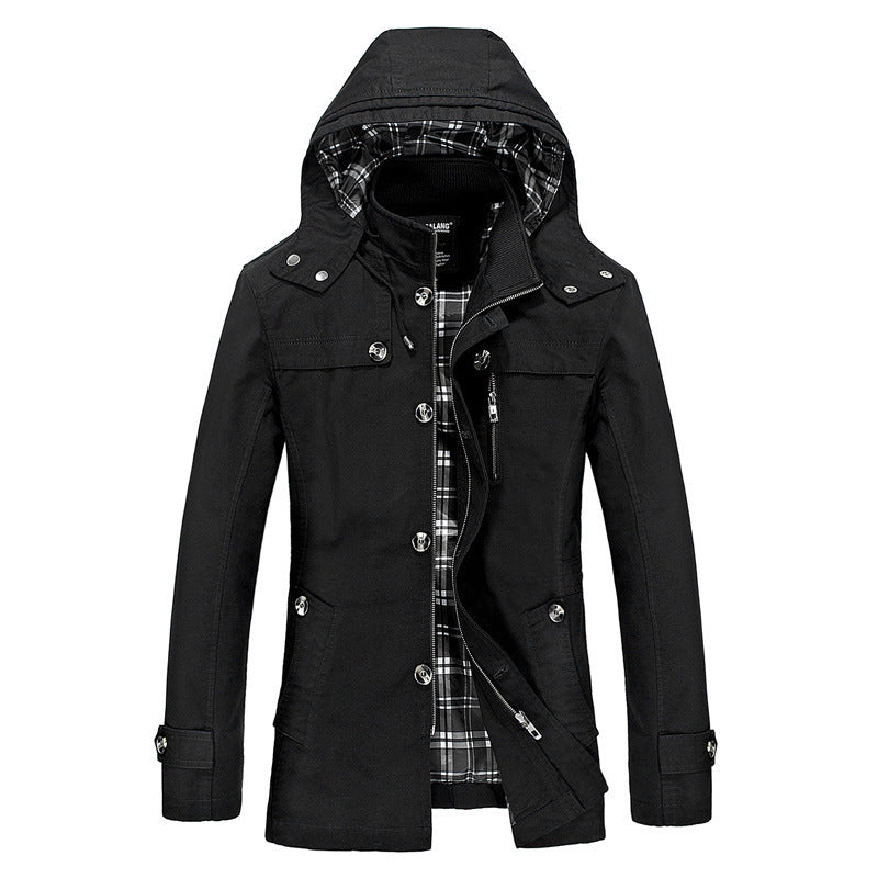 Herren mittellanger Kapuzenparka mit kariertem Innenfutter und verdeckter Zip‑Knopfleiste Shop Nory
