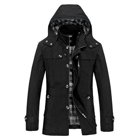 Herren mittellanger Kapuzenparka mit kariertem Innenfutter und verdeckter Zip‑Knopfleiste Shop Nory