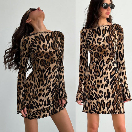 Damen Kleid mit offenem Rücken und attraktivem Leopardenmuster