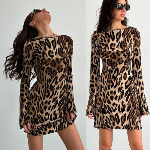 Damen Kleid mit offenem Rücken und attraktivem Leopardenmuster