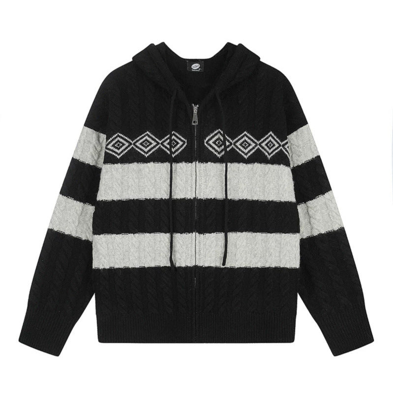 Damen Grobstrick-Kapuzencardigan mit Zopfstrick, Blockstreifen und durchgehendem Reißverschluss Shop Nory