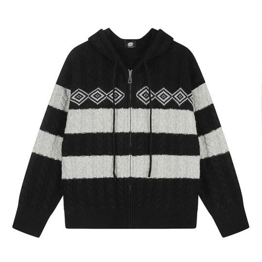 Damen Grobstrick-Kapuzencardigan mit Zopfstrick, Blockstreifen und durchgehendem Reißverschluss Shop Nory