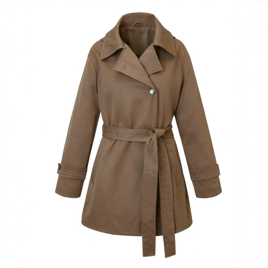 Damen Kurztrenchcoat mit tailliertem Bindegürtel und weitem Revers Shop Nory
