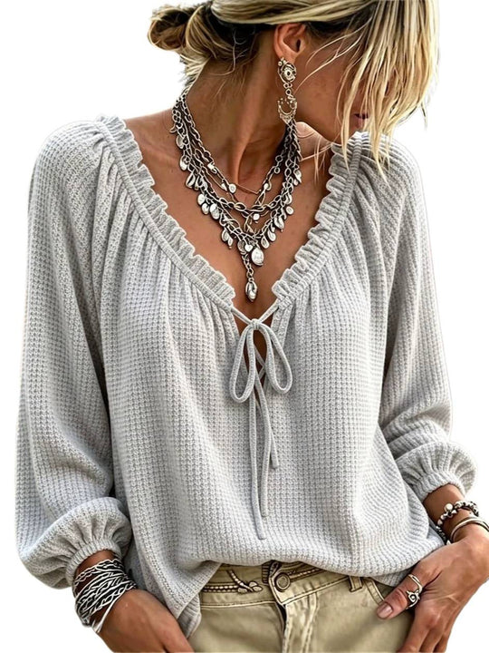 Damen Waffelstrick-Longsleeve mit tiefem V-Ausschnitt, Rüschenblende und Kordelzug Shop Nory
