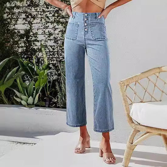 Damen High-Waist Jeans mit Knopfdetail und weitem Bein