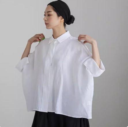 Damen Weite Boxy-Leinenbluse mit verdeckter Knopfleiste, Stehkragen und krempelbaren Ärmeln Shop Nory