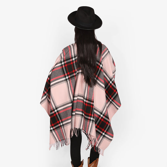Damen Karierter Oversize-Überwurfponcho mit V-Ausschnitt und Fransensaum Shop Nory