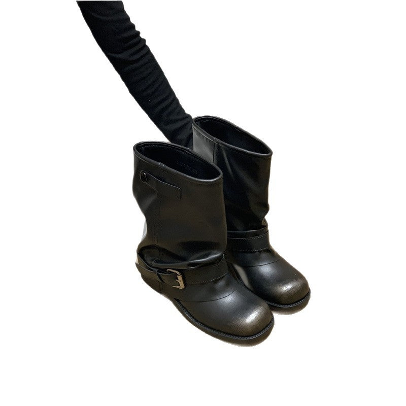 Damen Slouchy Bikerstiefeletten mit verstellbarem Schnallenriemen und runder Zehenform Shop Nory