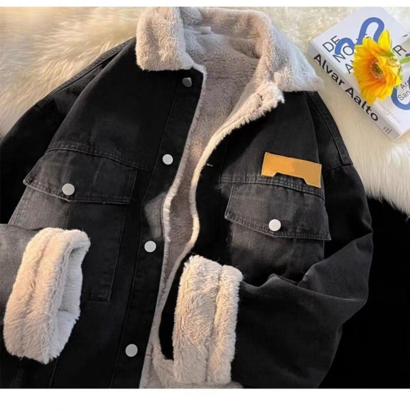 Damen oversized Jeansjacke mit Innenfutter aus Teddyfell
