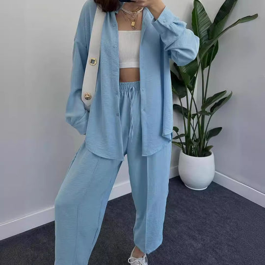 Damen Lässiges zweiteiliges Lounge-Set aus Crêpe mit Oversize-Hemd und hohem Elastikbund Shop Nory