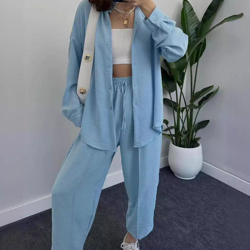 Damen Lässiges zweiteiliges Lounge-Set aus Crêpe mit Oversize-Hemd und hohem Elastikbund Shop Nory