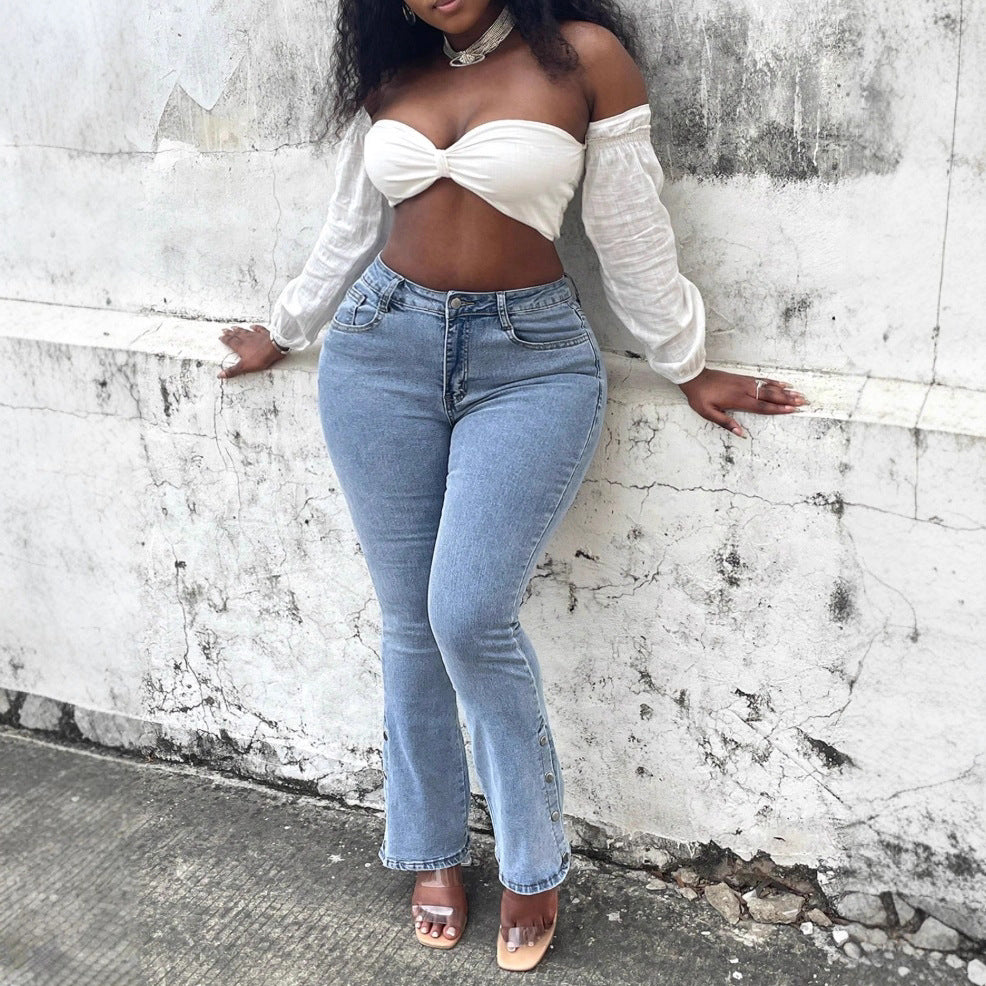 Damen High-Waist Stretch-Jeans mit leichtem Flare und seitlichen Druckknopf-Details Shop Nory