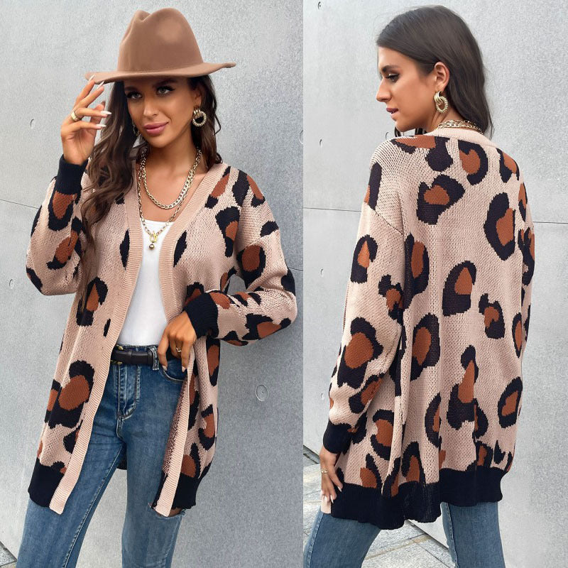 Damen Longline Cardigan im Leo-Jacquard mit offener Front und Rippbündchen Shop Nory