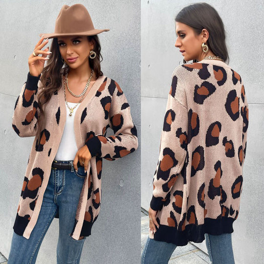 Damen Longline Cardigan im Leo-Jacquard mit offener Front und Rippbündchen Shop Nory