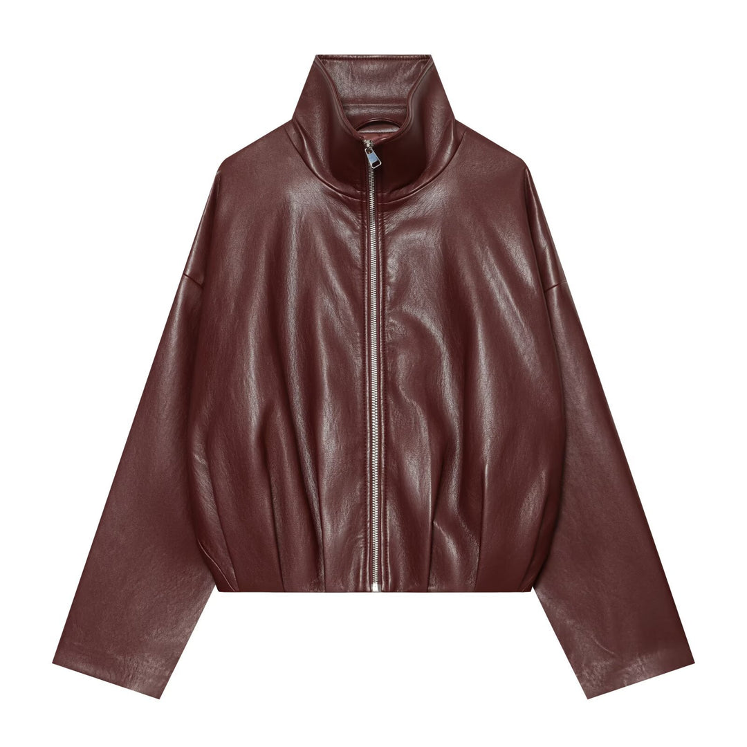 Damen Cropped Kunstlederjacke mit hohem Kragen, Oversize-Ärmeln und tailliertem Bund Shop Nory