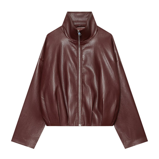 Damen Cropped Kunstlederjacke mit hohem Kragen, Oversize-Ärmeln und tailliertem Bund Shop Nory